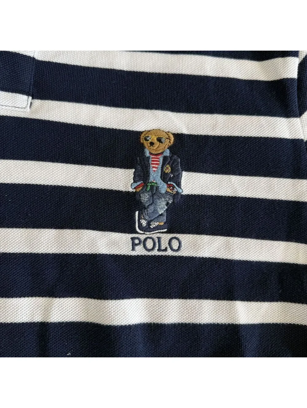 Polo Ralph Lauren Bear Preppy Embroidered Navy White Hampton Stripe Polo Shirt M